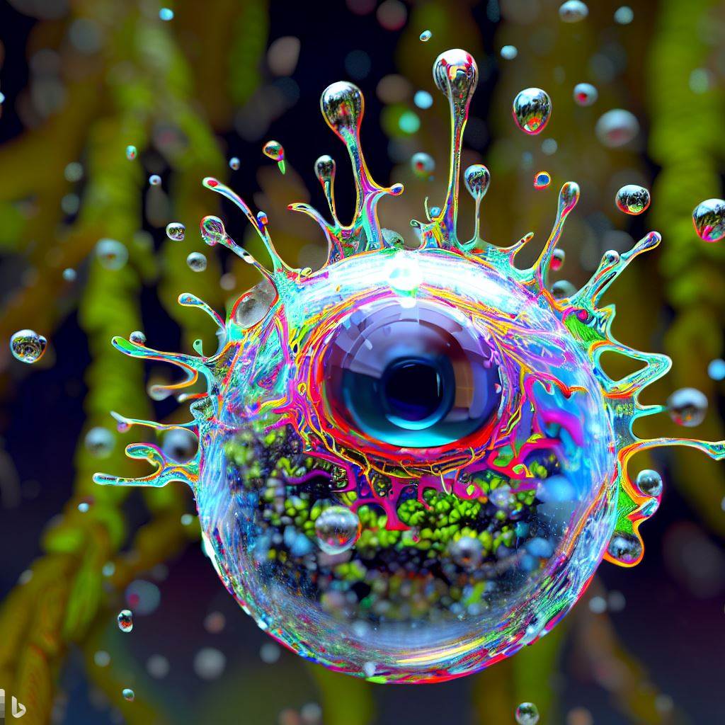 4- 3D hyper-detailed joyfully bursting spattering raindrop with multi-colored nano-circuitry iris-stroma living breathing eye-pupil at its core, spattering wet rainforest moss synapses, mirroring recursion.jpg